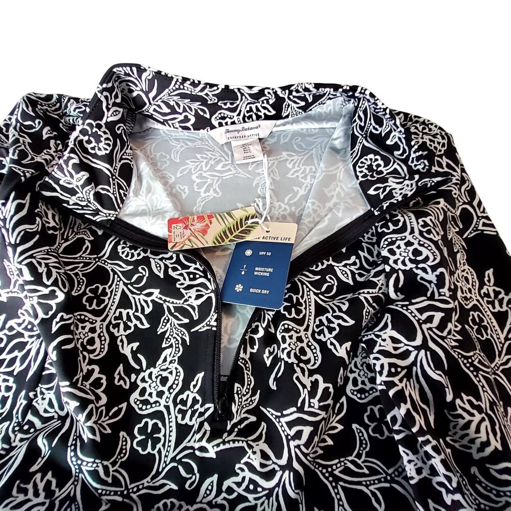 Tommy Bahama Everyday Active Black & White Floral Long Sleeve Zip Top Size  L - Picture 11 of 12